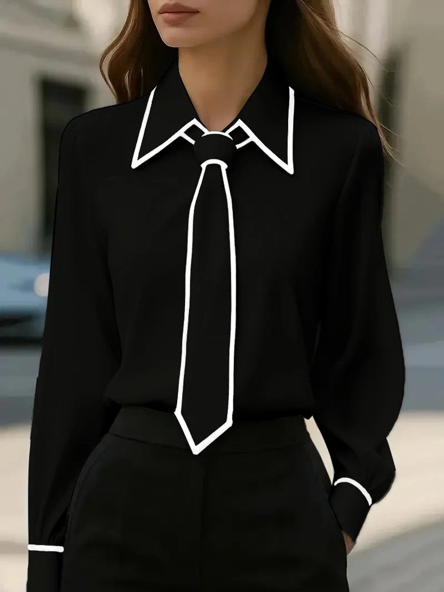 Elegant Satin Necktie Blouse for Women with Pointed Collar Long Sleeve Contrast Trim Office Work Style