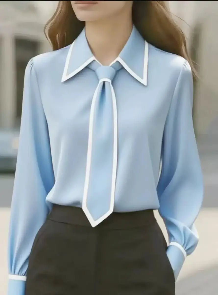 Elegant Satin Necktie Blouse for Women with Pointed Collar Long Sleeve Contrast Trim Office Work Style