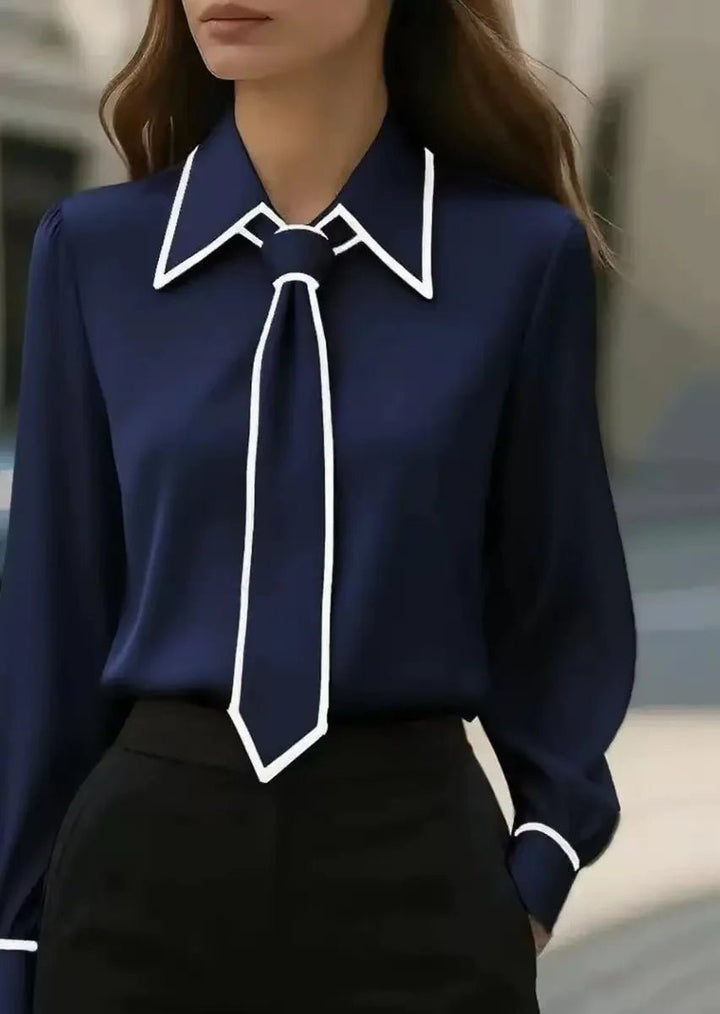 Elegant Satin Necktie Blouse for Women with Pointed Collar Long Sleeve Contrast Trim Office Work Style