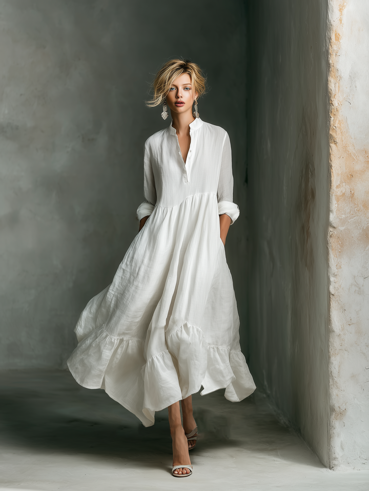 Haley | White Linen Tiered Ruffle Hem Long Sleeve Maxi Dress for Women