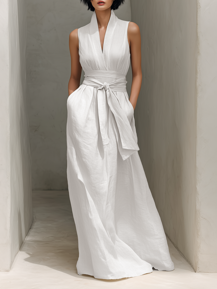 Eleanor | White Linen V Neck Tie Waist Sleeveless Maxi Dress for Women