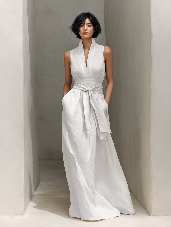 Eleanor | White Linen V Neck Tie Waist Sleeveless Maxi Dress for Women