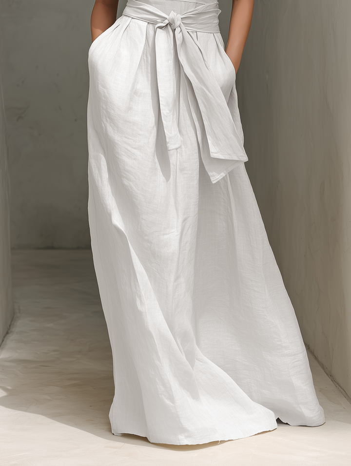 Eleanor | White Linen V Neck Tie Waist Sleeveless Maxi Dress for Women