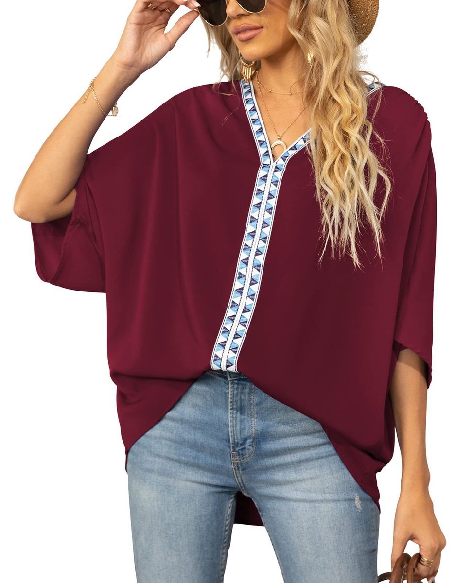 Effortless Chiffon Blouse for Women with V Neck Elbow Sleeve Lace Trim Loose Casual Style