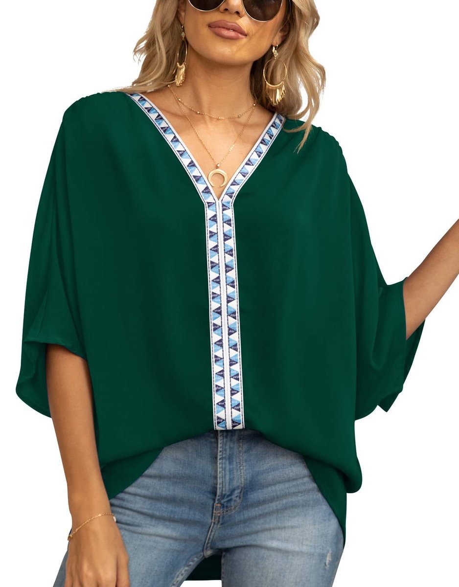 Effortless Chiffon Blouse for Women with V Neck Elbow Sleeve Lace Trim Loose Casual Style