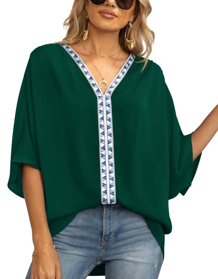 Effortless Chiffon Blouse for Women with V Neck Elbow Sleeve Lace Trim Loose Casual Style