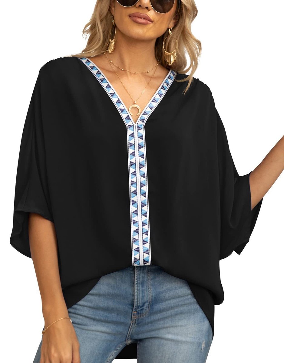 Effortless Chiffon Blouse for Women with V Neck Elbow Sleeve Lace Trim Loose Casual Style