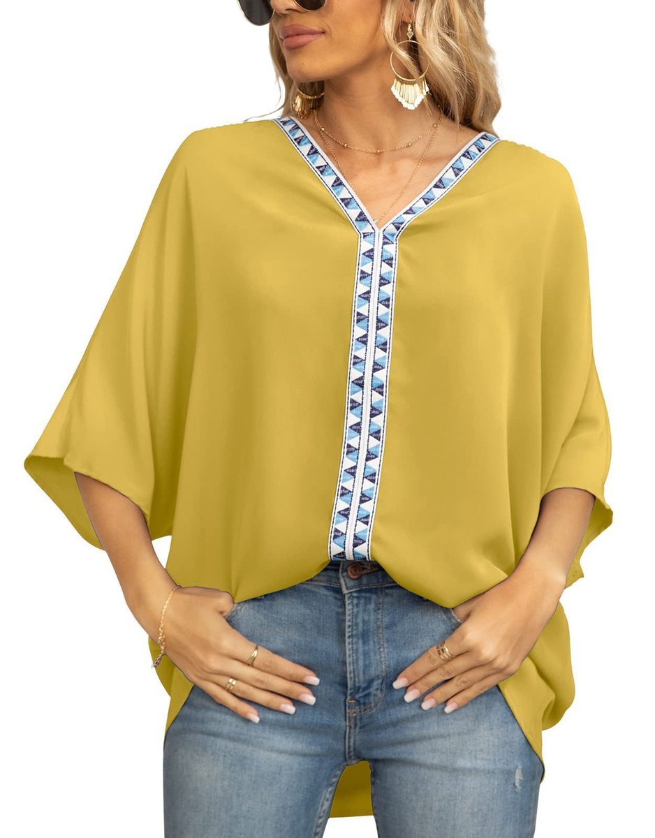 Effortless Chiffon Blouse for Women with V Neck Elbow Sleeve Lace Trim Loose Casual Style