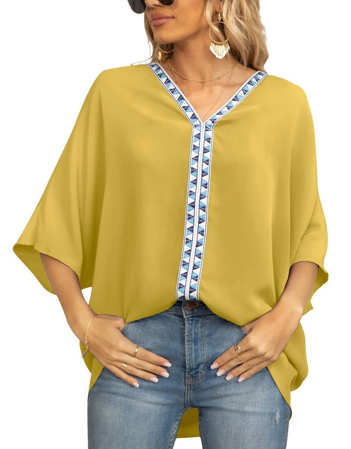 Effortless Chiffon Blouse for Women with V Neck Elbow Sleeve Lace Trim Loose Casual Style