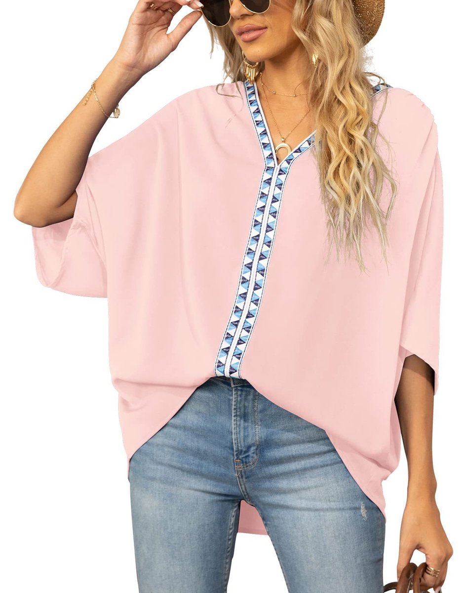 Effortless Chiffon Blouse for Women with V Neck Elbow Sleeve Lace Trim Loose Casual Style