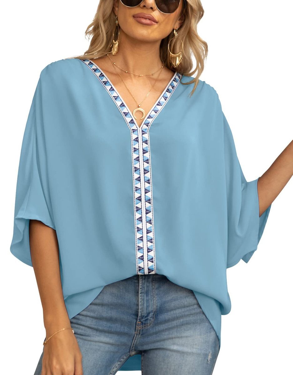 Effortless Chiffon Blouse for Women with V Neck Elbow Sleeve Lace Trim Loose Casual Style