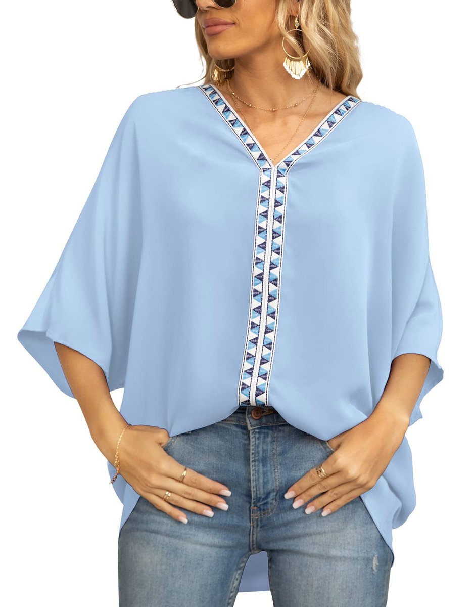 Effortless Chiffon Blouse for Women with V Neck Elbow Sleeve Lace Trim Loose Casual Style