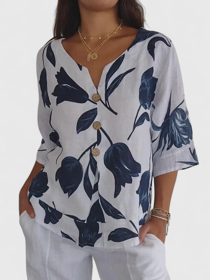 Effortless Floral Print Blouse for Women with V Neck Elbow Sleeve Button Front Flowy Summer Style