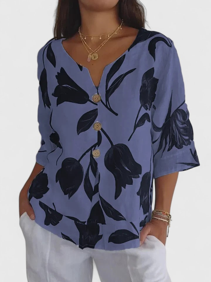 Effortless Floral Print Blouse for Women with V Neck Elbow Sleeve Button Front Flowy Summer Style