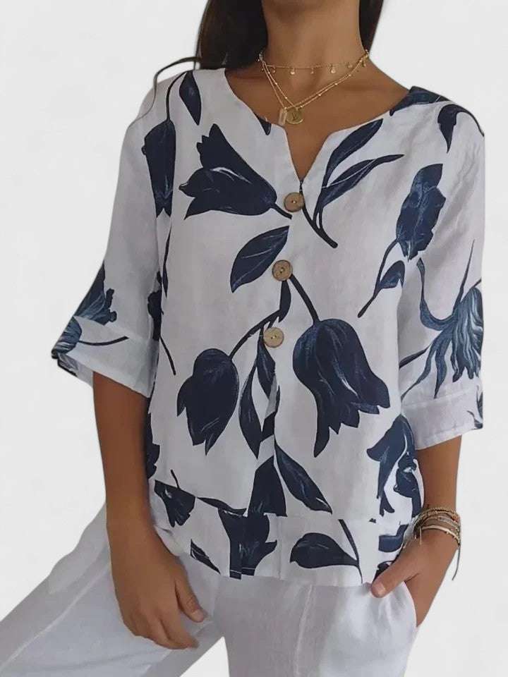 Effortless Floral Print Blouse for Women with V Neck Elbow Sleeve Button Front Flowy Summer Style