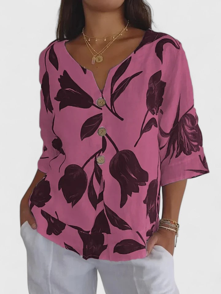Effortless Floral Print Blouse for Women with V Neck Elbow Sleeve Button Front Flowy Summer Style
