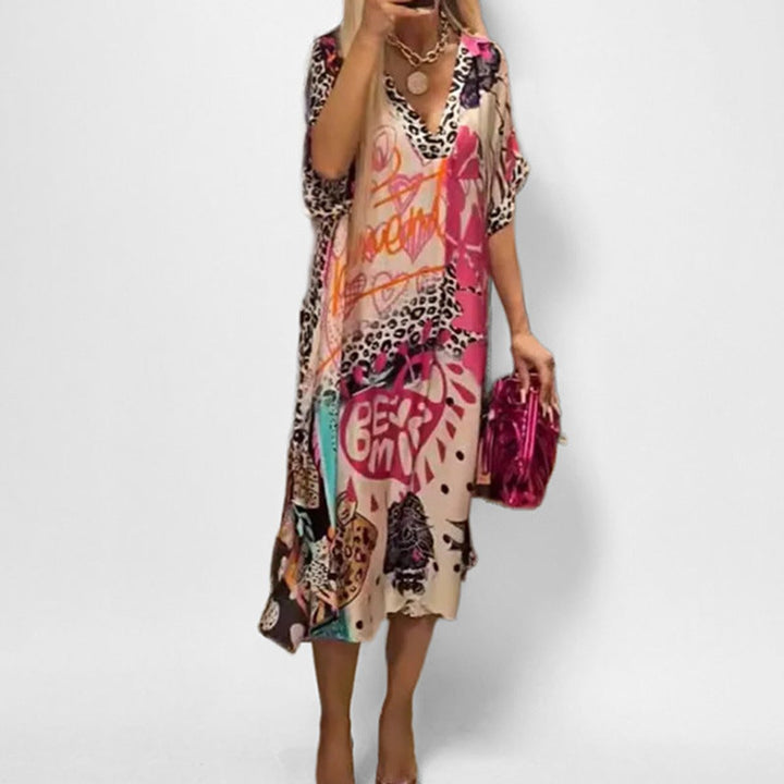 Effortless Mixed Print Midi Dress for Women with V Neck Elbow Sleeve Handkerchief Hem Flowy Bohemian Style