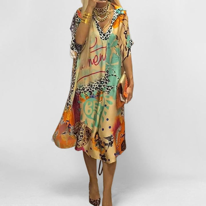 Effortless Mixed Print Midi Dress for Women with V Neck Elbow Sleeve Handkerchief Hem Flowy Bohemian Style