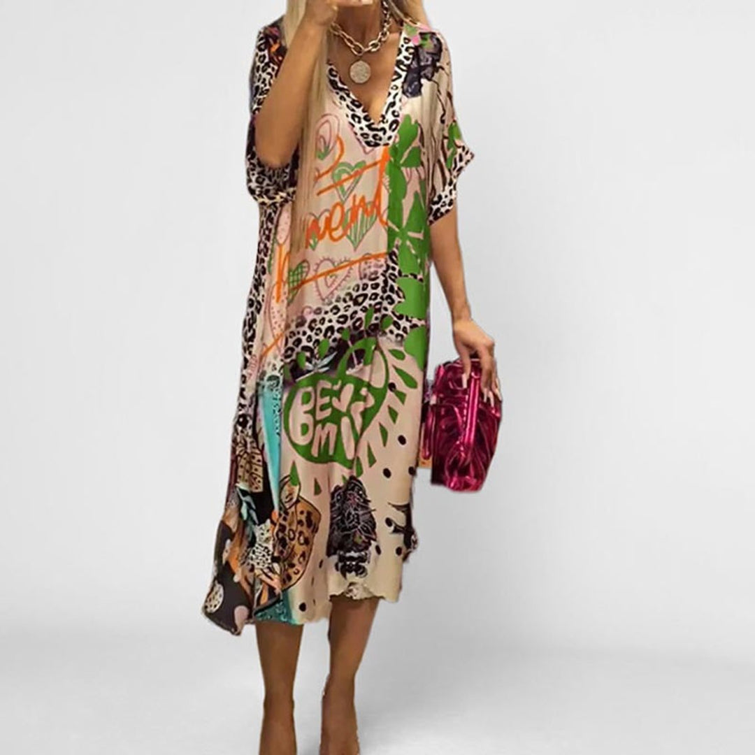 Effortless Mixed Print Midi Dress for Women with V Neck Elbow Sleeve Handkerchief Hem Flowy Bohemian Style