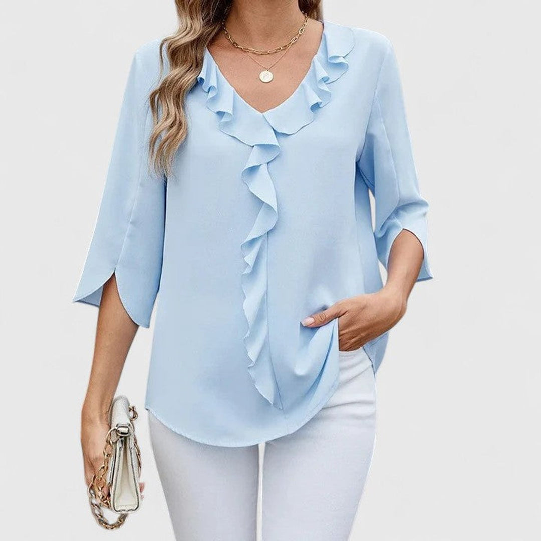 Elegant Chiffon Blouse for Women with V Neck Elbow Sleeve Ruffle Front Loose Office Work Style