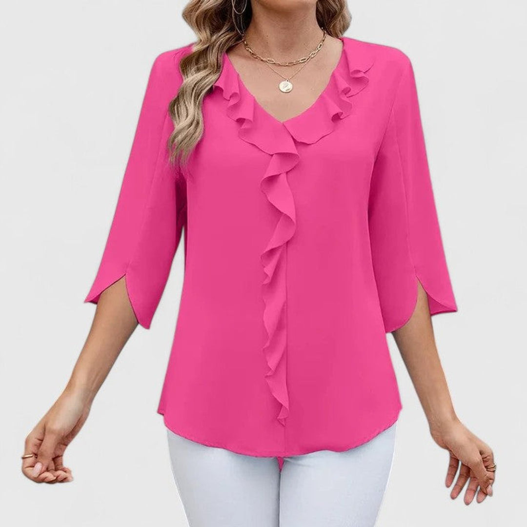 Elegant Chiffon Blouse for Women with V Neck Elbow Sleeve Ruffle Front Loose Office Work Style