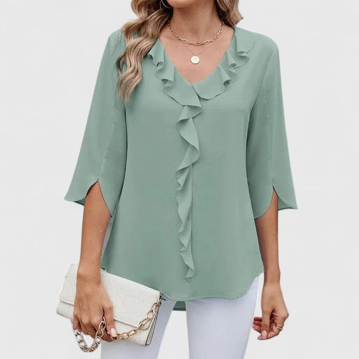 Elegant Chiffon Blouse for Women with V Neck Elbow Sleeve Ruffle Front Loose Office Work Style