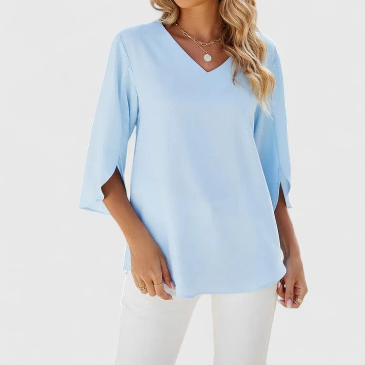 Elegant Chiffon Blouse for Women with V Neck Elbow Sleeve Ruffle Front Loose Office Work Style