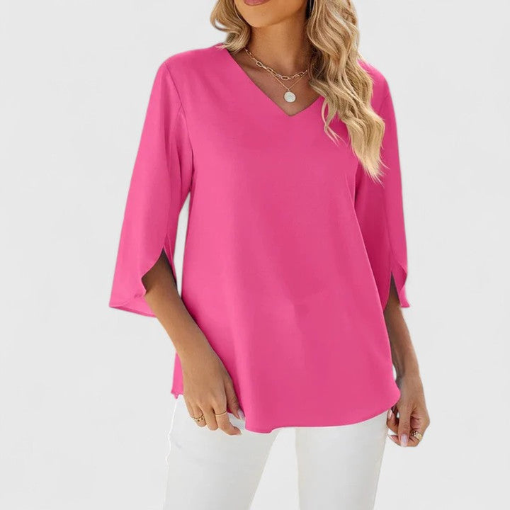 Elegant Chiffon Blouse for Women with V Neck Elbow Sleeve Ruffle Front Loose Office Work Style