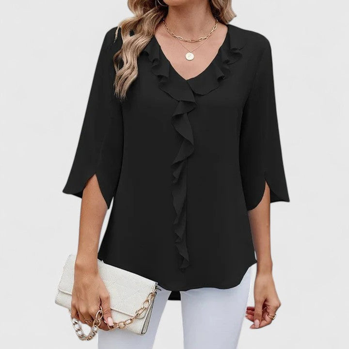 Elegant Chiffon Blouse for Women with V Neck Elbow Sleeve Ruffle Front Loose Office Work Style