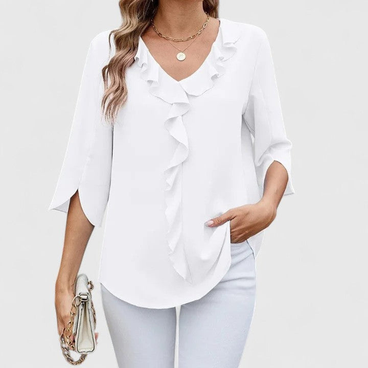 Elegant Chiffon Blouse for Women with V Neck Elbow Sleeve Ruffle Front Loose Office Work Style