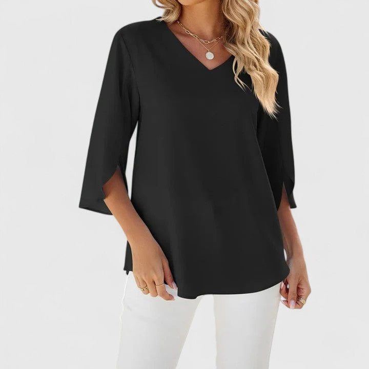 Elegant Chiffon Blouse for Women with V Neck Elbow Sleeve Ruffle Front Loose Office Work Style