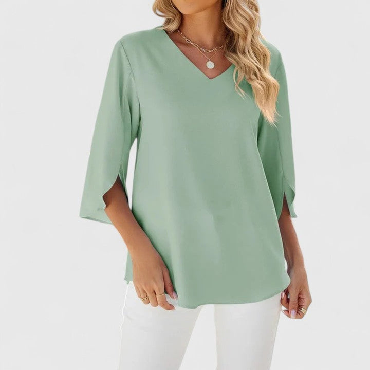 Elegant Chiffon Blouse for Women with V Neck Elbow Sleeve Ruffle Front Loose Office Work Style