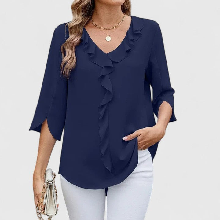 Elegant Chiffon Blouse for Women with V Neck Elbow Sleeve Ruffle Front Loose Office Work Style