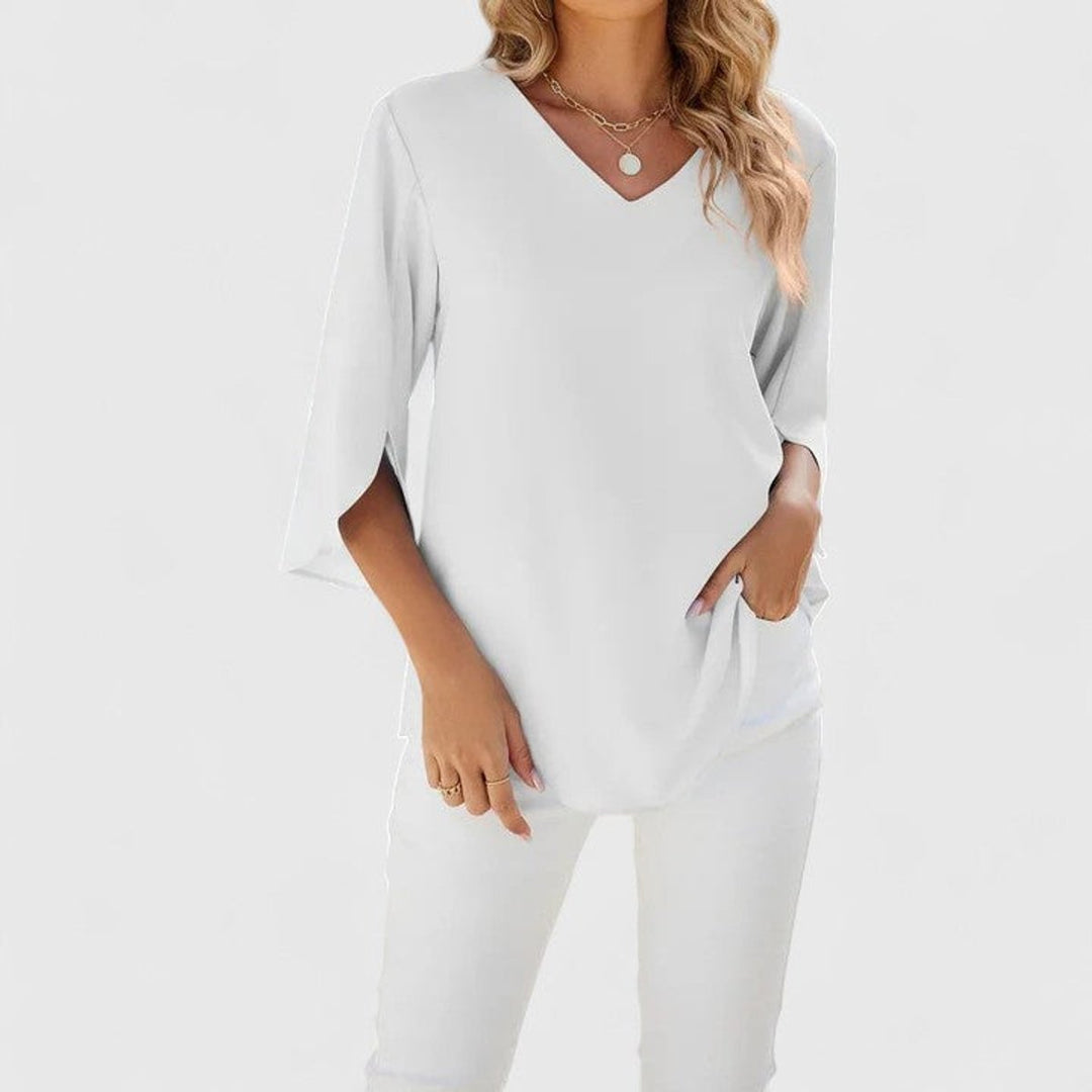 Elegant Chiffon Blouse for Women with V Neck Elbow Sleeve Ruffle Front Loose Office Work Style
