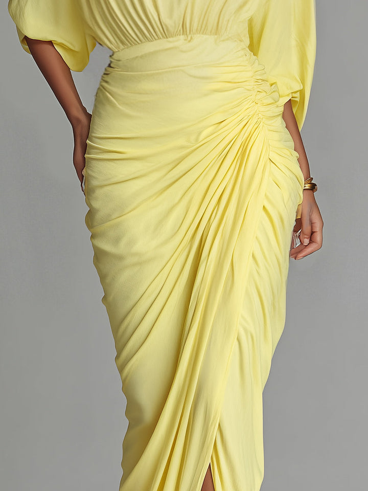 Madison | Yellow Draped Turtleneck Batwing Sleeve Maxi Dress