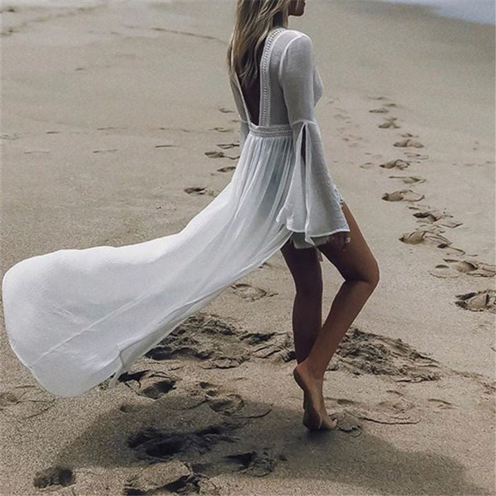 Effortless White Chiffon Maxi Kimono for Women with Open Front Long Sleeve Sheer Beach Cover Up Style