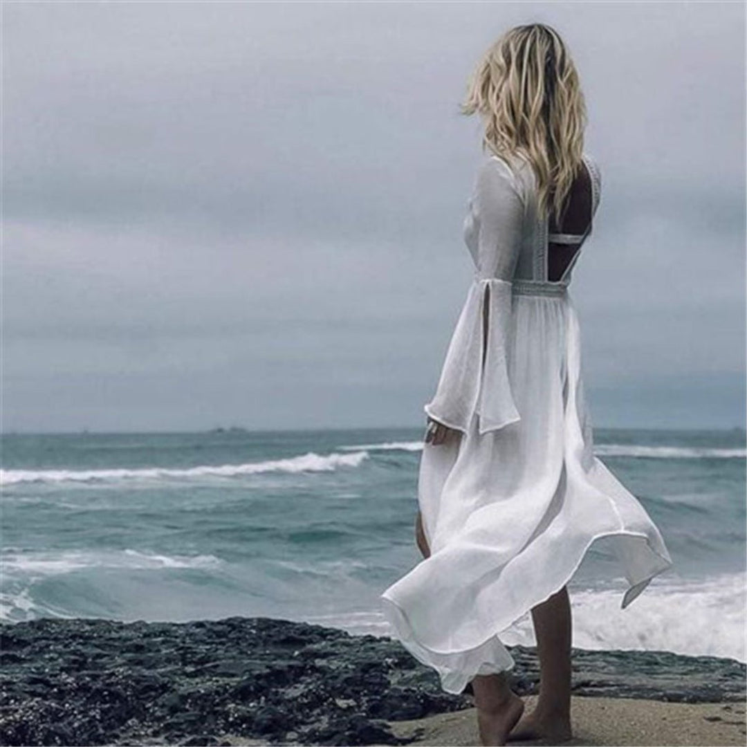 Effortless White Chiffon Maxi Kimono for Women with Open Front Long Sleeve Sheer Beach Cover Up Style