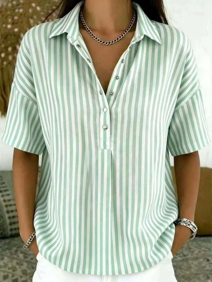 Effortless Striped Button Down Shirt for Women with Collared Elbow Sleeve Chest Pocket Loose Casual Style