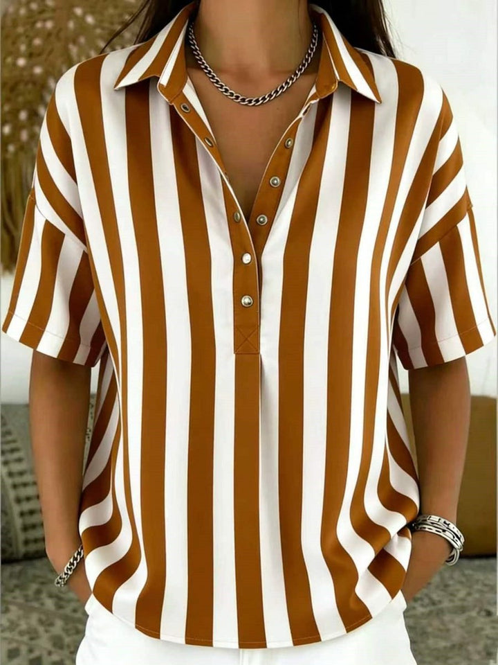 Effortless Striped Button Down Shirt for Women with Collared Elbow Sleeve Chest Pocket Loose Casual Style