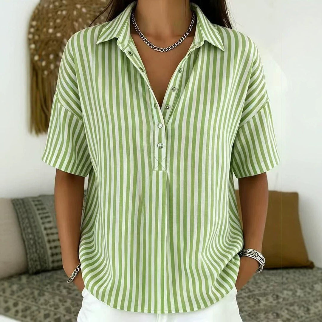 Effortless Striped Button Down Shirt for Women with Collared Elbow Sleeve Chest Pocket Loose Casual Style