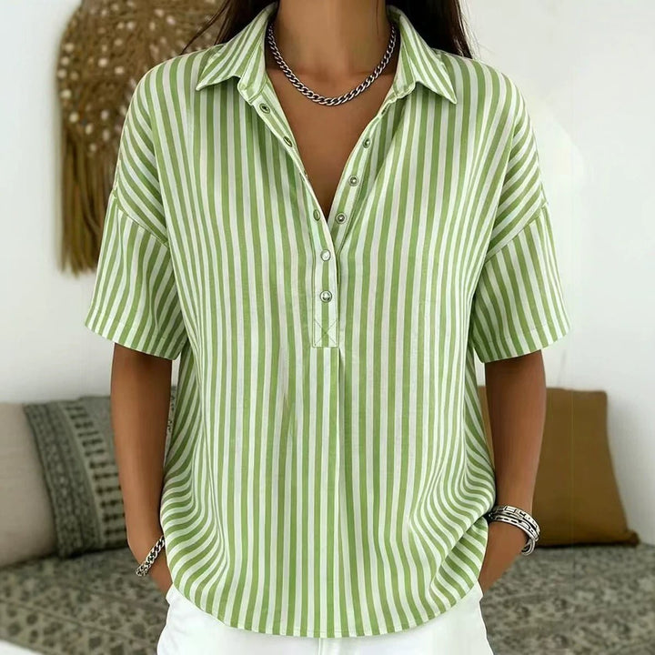 Effortless Striped Button Down Shirt for Women with Collared Elbow Sleeve Chest Pocket Loose Casual Style