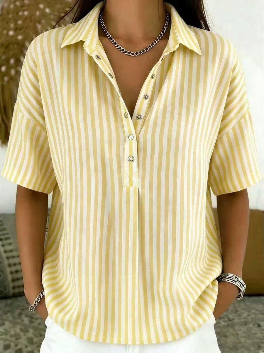 Effortless Striped Button Down Shirt for Women with Collared Elbow Sleeve Chest Pocket Loose Casual Style
