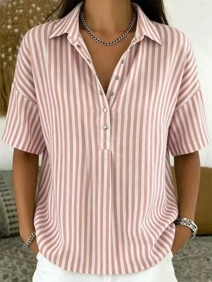 Effortless Striped Button Down Shirt for Women with Collared Elbow Sleeve Chest Pocket Loose Casual Style