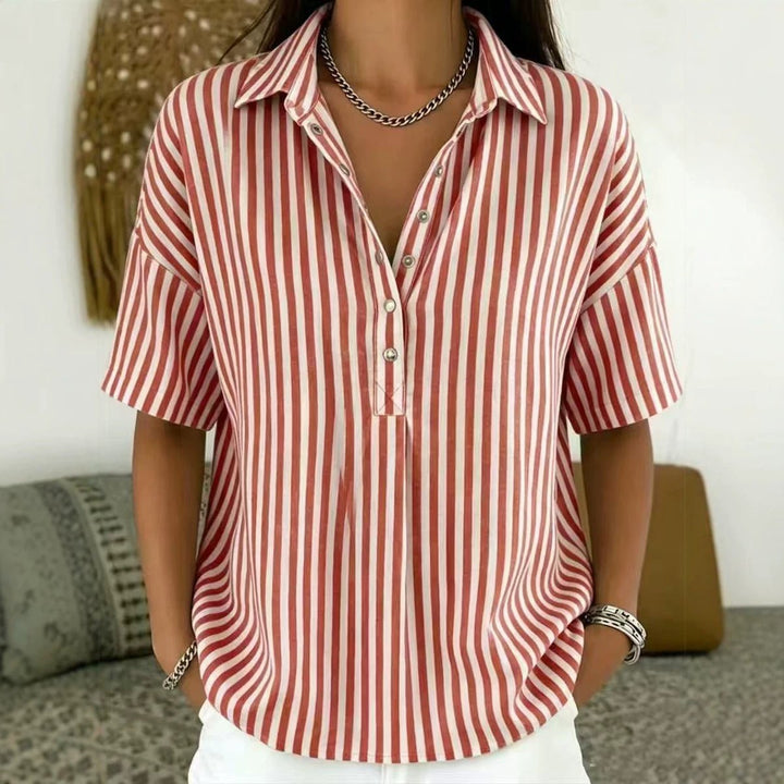 Effortless Striped Button Down Shirt for Women with Collared Elbow Sleeve Chest Pocket Loose Casual Style