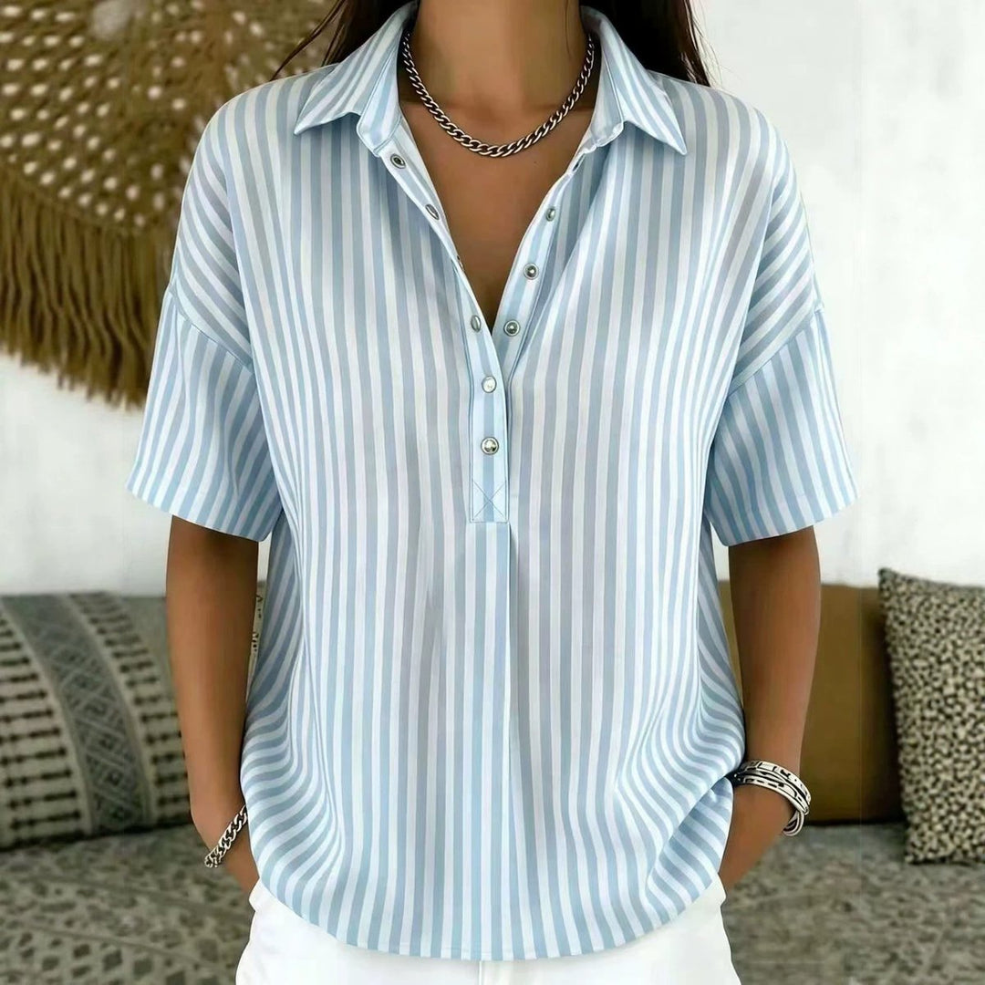 Effortless Striped Button Down Shirt for Women with Collared Elbow Sleeve Chest Pocket Loose Casual Style