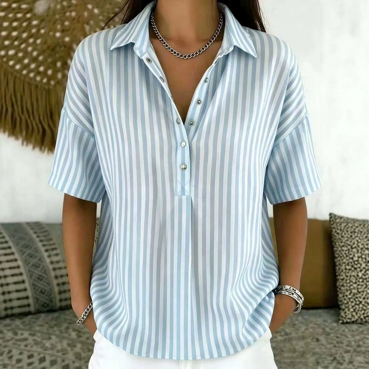 Effortless Striped Button Down Shirt for Women with Collared Elbow Sleeve Chest Pocket Loose Casual Style