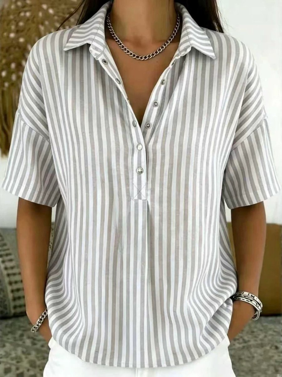 Effortless Striped Button Down Shirt for Women with Collared Elbow Sleeve Chest Pocket Loose Casual Style