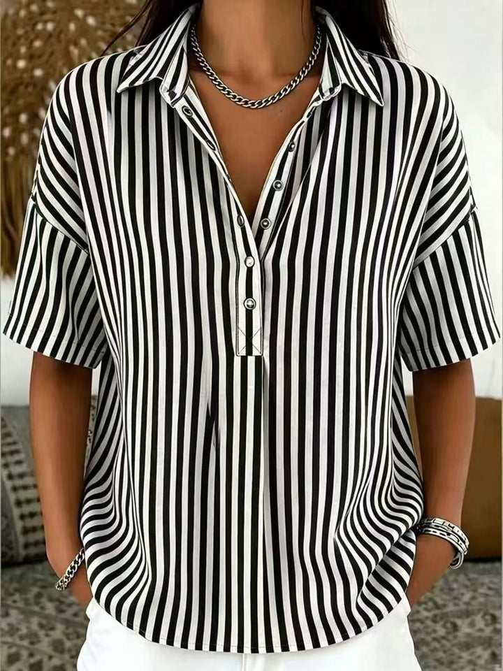 Effortless Striped Button Down Shirt for Women with Collared Elbow Sleeve Chest Pocket Loose Casual Style