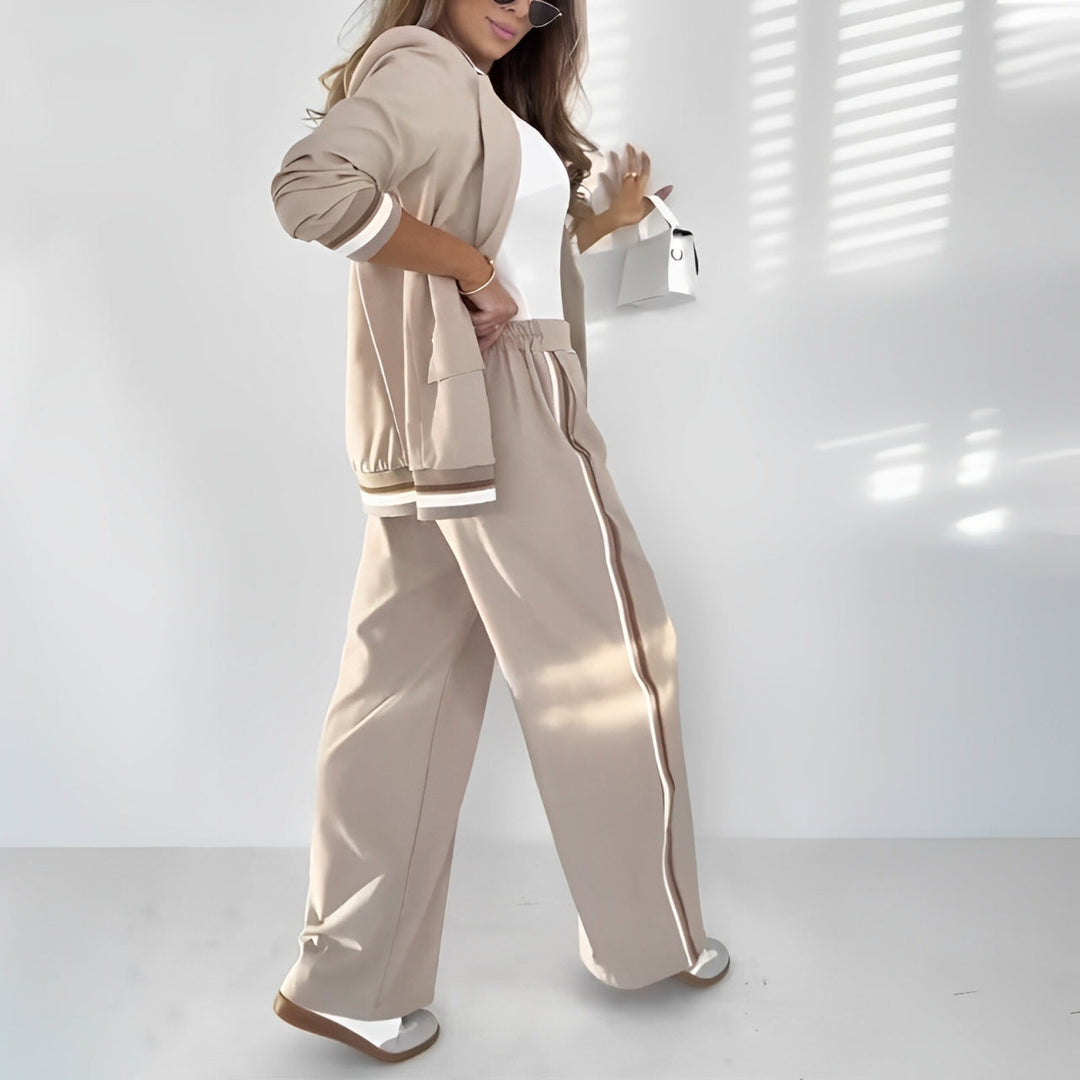 Elegant Two Piece Set for Women with Notch Lapel Blazer Striped Trim Wide Leg Pant Business Style