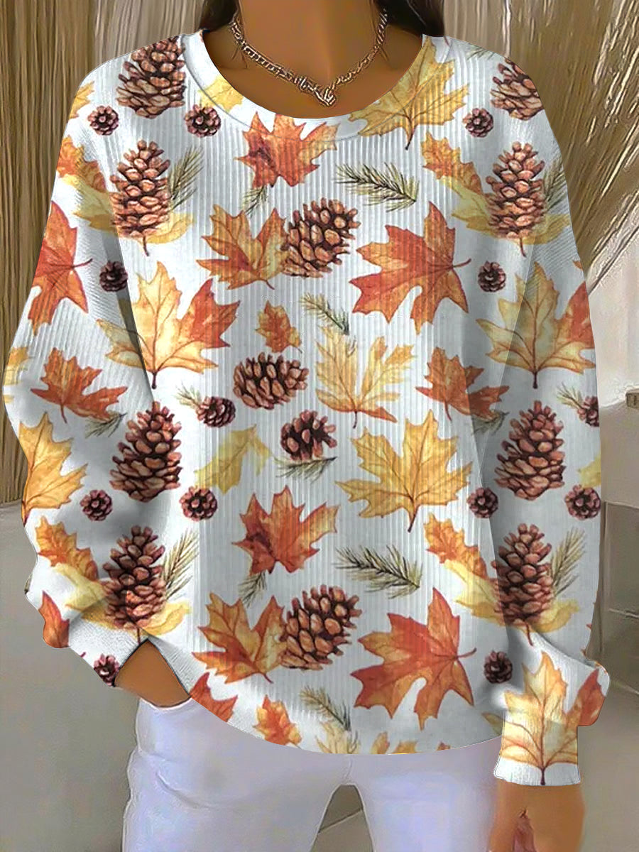 Comfortable Fall Leaf Print Sweatshirt for Women with Round Neck Long Sleeve Pinecone Autumn Pullover Style